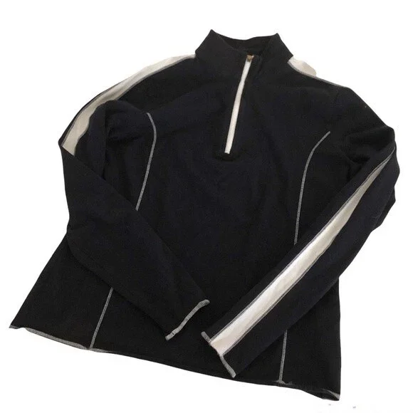 LL BEAN Athletic Pullover High Neck Quarter Zip Black White Exposed Seams Small - Picture 7 of 8
